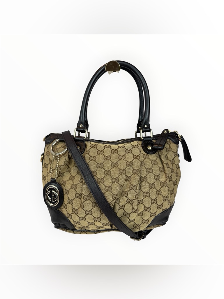 Gucci Beige Gg Canvas Shoulder Bag With Dark Brown Leather